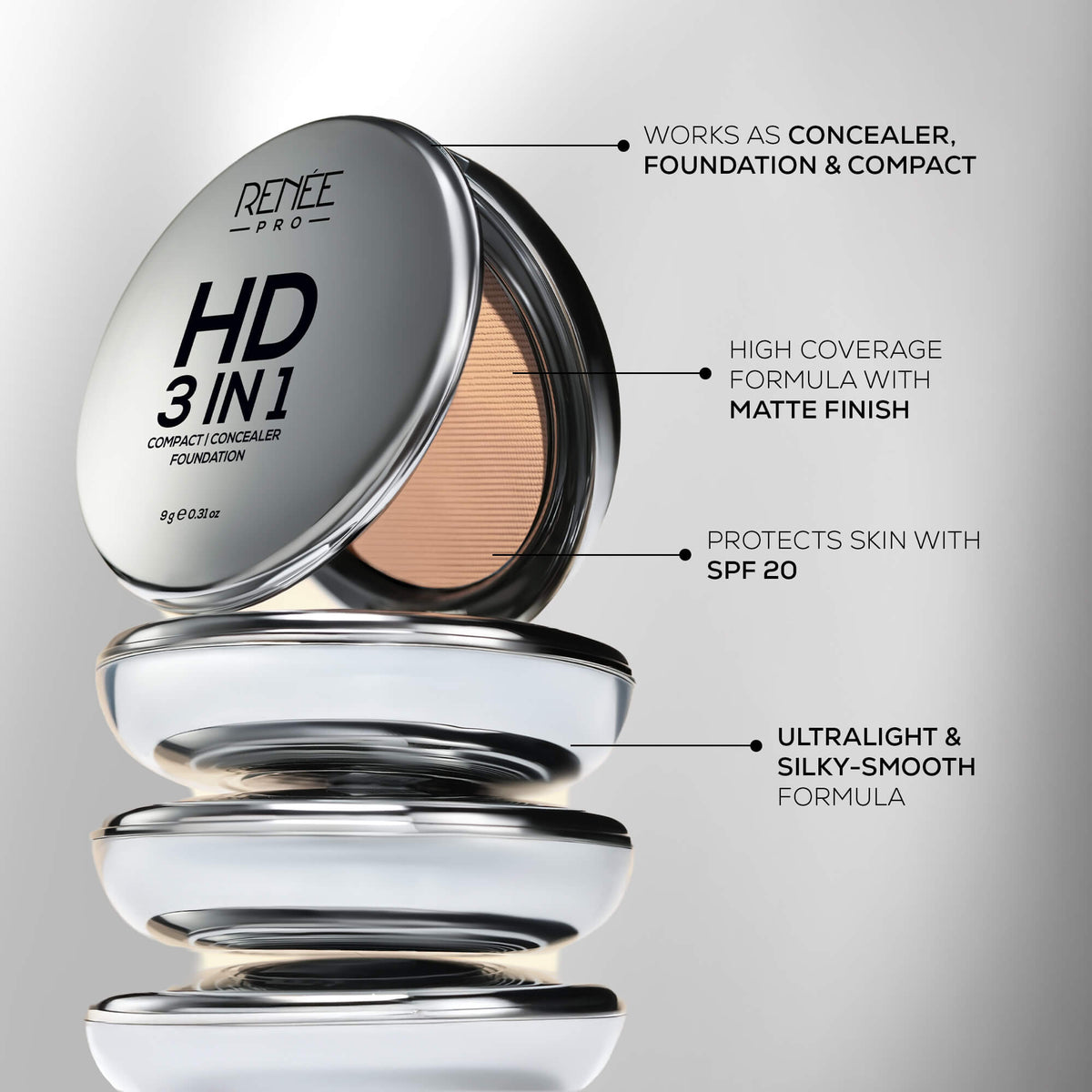 RENEE PRO HD All In One Makeup Combo, Includes 3-In-1 Primer, 3-In-1 Setting Spray & 3-In-1 Compact