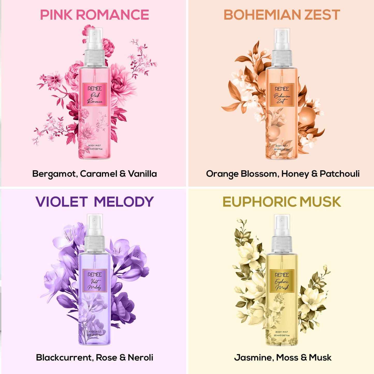 RENEE Body Mist Pack of 4, 20 ml Each