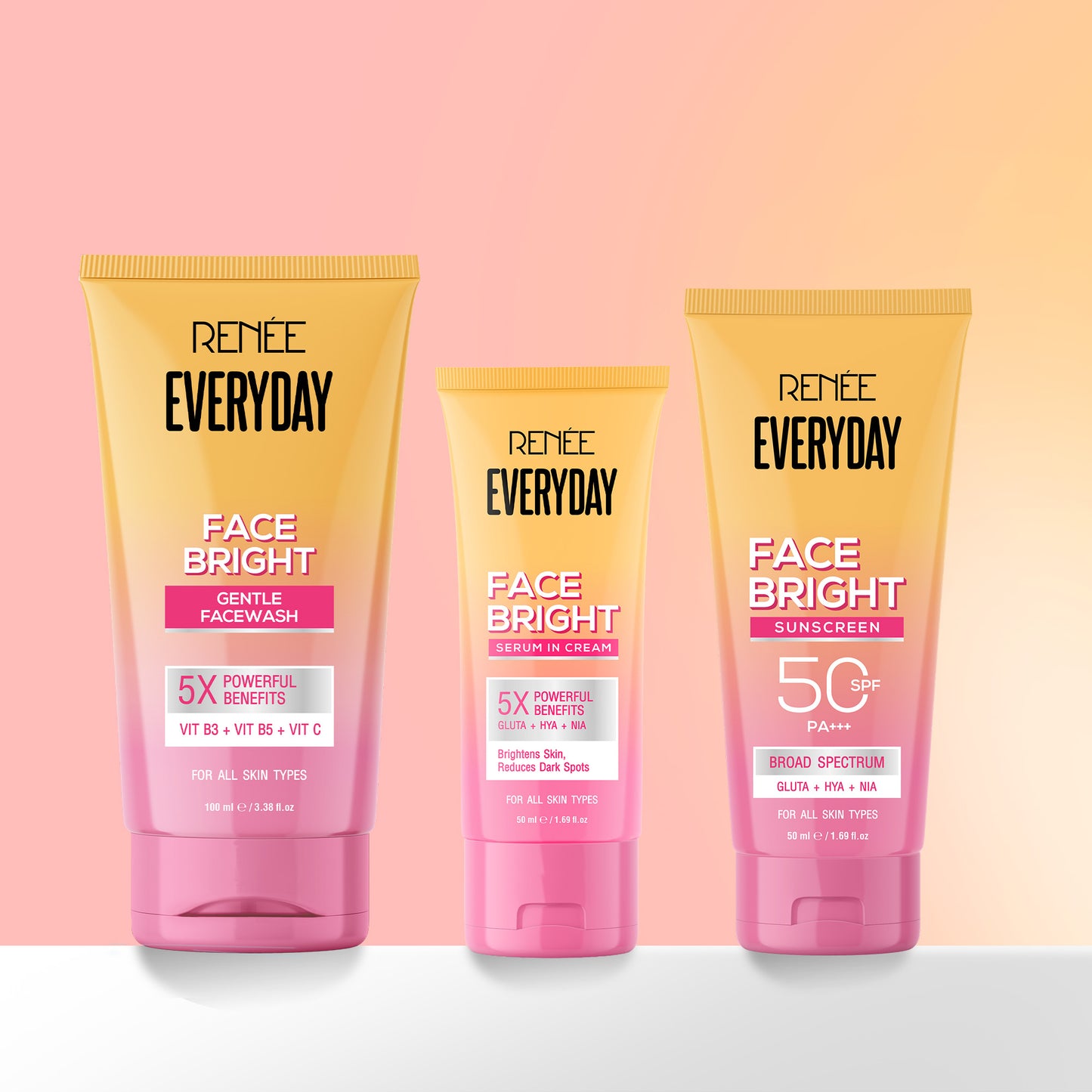 RENEE Everyday Face Bright Skincare Combo With Face Wash, Serum In Cream & In-Vivo Tested Sunscreen SPF 50 PA+++