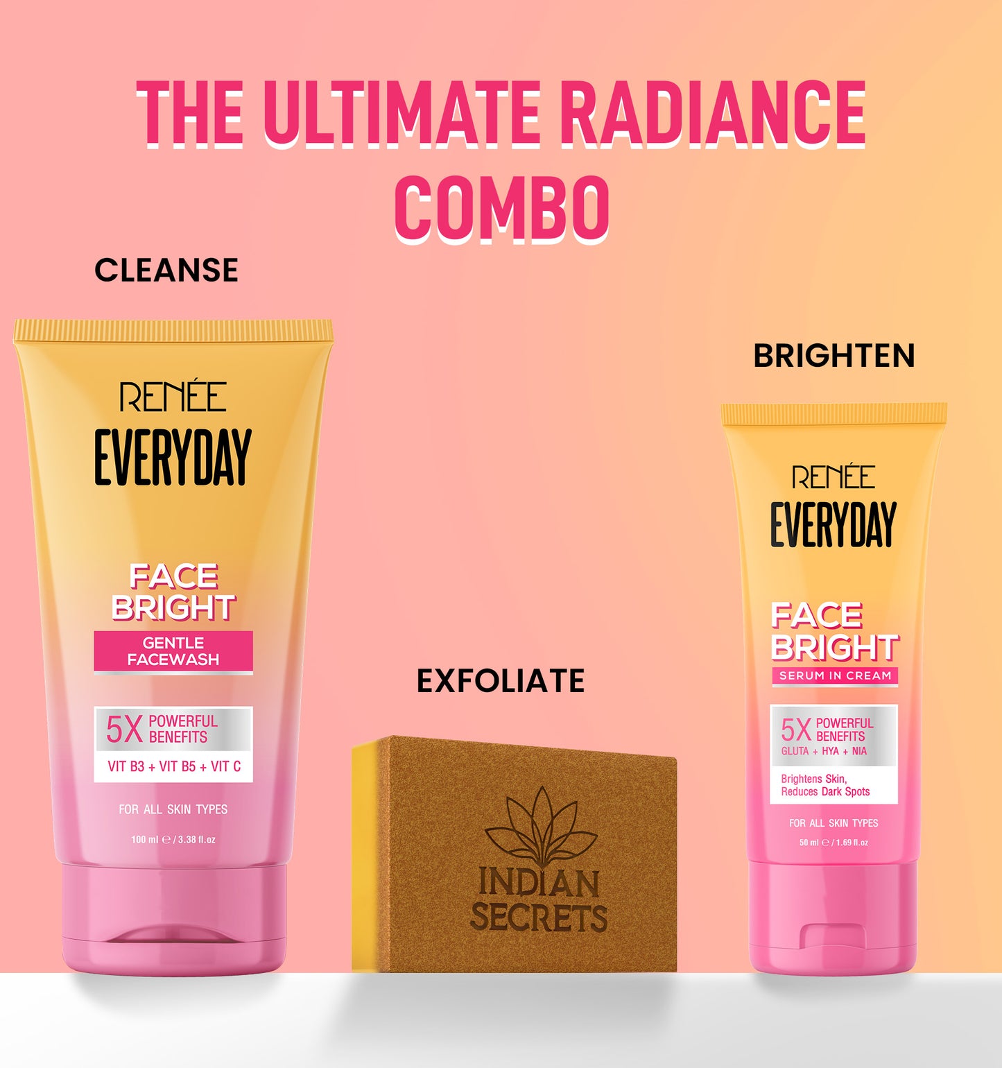 Go Bright 3-in-1 Skincare Set – Facewash, Scrub Soap & Face Cream for Glowing, Even-Toned & Tan-Free Skin