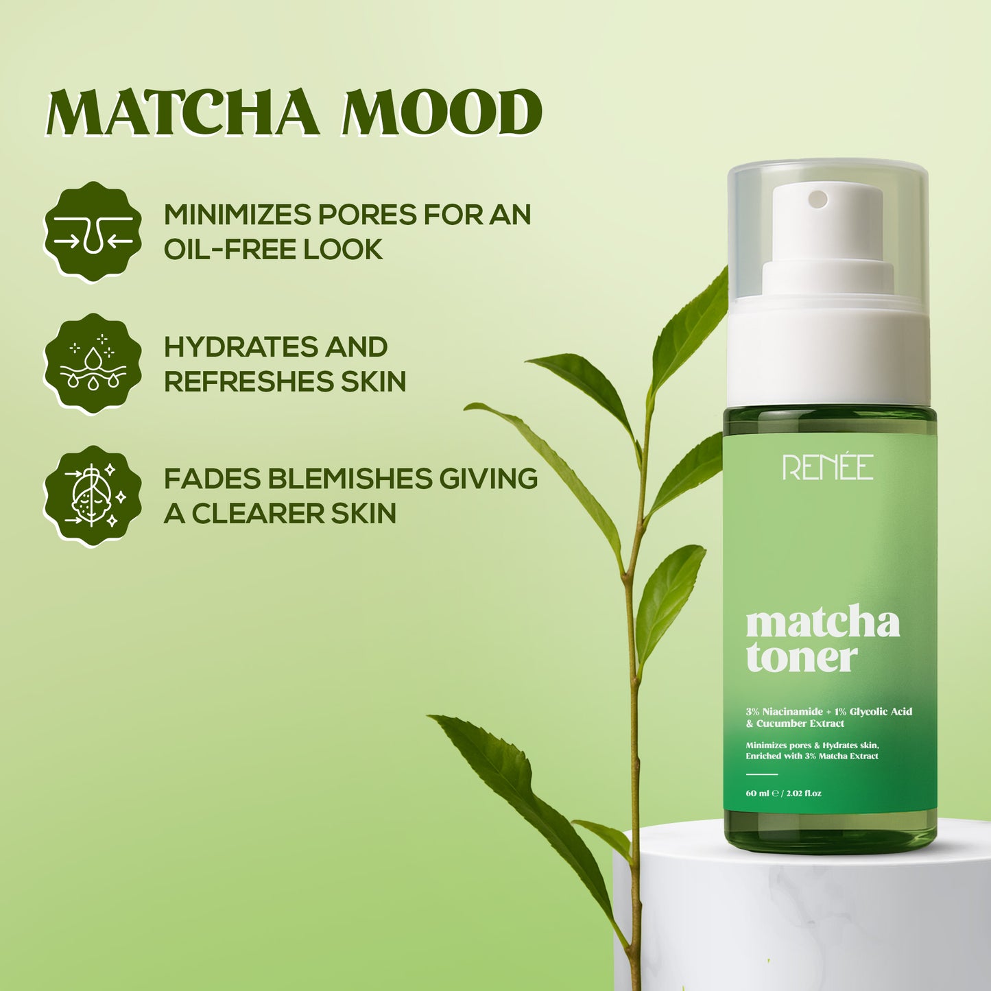 RENEE Matcha Refreshing Face Toner For Bright, Hydrated Skin - 60 ml