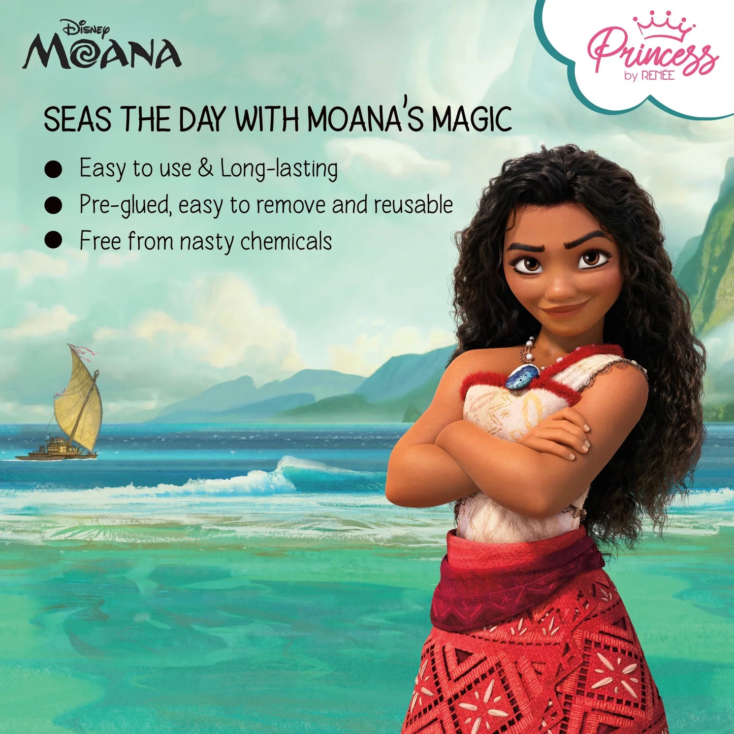 Princess by RENEE Disney Moana’s Stick On Nails, For Preteens, Pack of 24