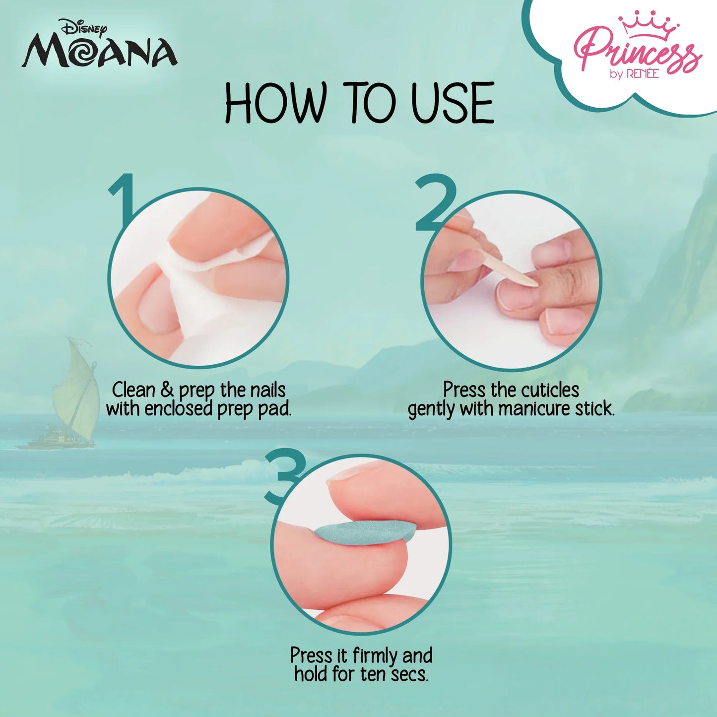 Princess by RENEE Disney Moana’s Stick On Nails, For Preteens, Pack of 24