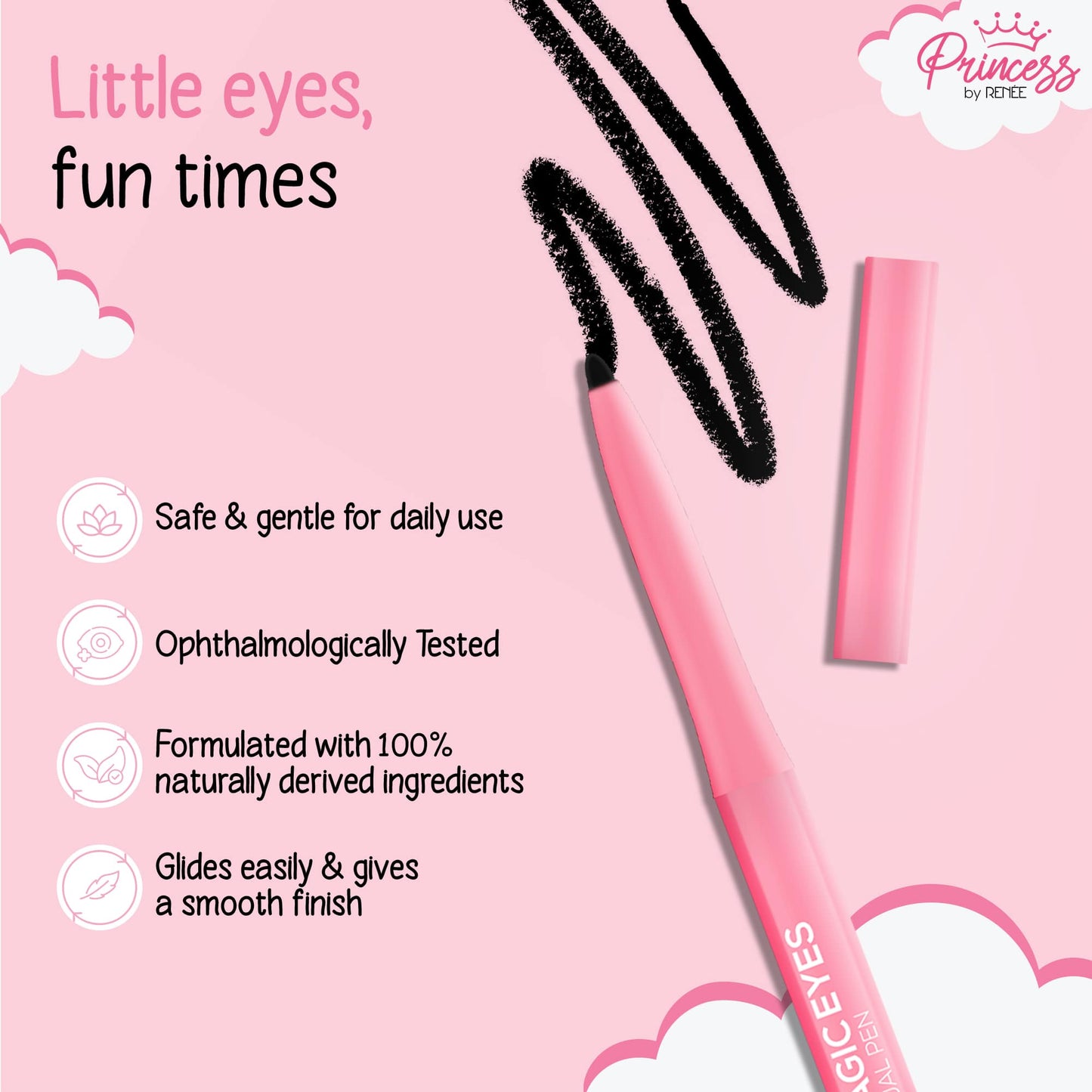 Princess by RENEE Magic Eyes Kajal Pen For Preteens, Safe & 100% Naturally Derived Ingredients, Ophthalmologically Tested