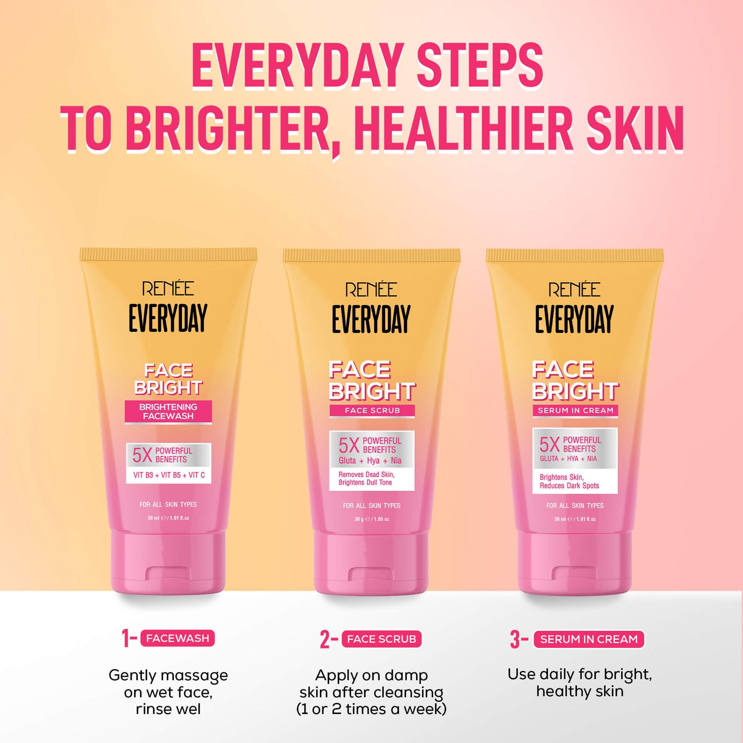 RENEE Everyday Face Bright Daily Skincare Kit With Face Wash, Face Scrub & Serum In Cream For Bright Skin, Travel-Friendly Mini Pack
