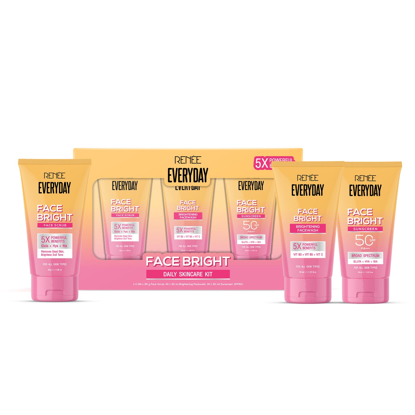 RENEE Everyday Face Bright Daily Skincare Kit With Face Wash, Face Scrub & Sunscreen SPF 50 PA+++ For Bright Skin, Travel-Friendly Mini Pack
