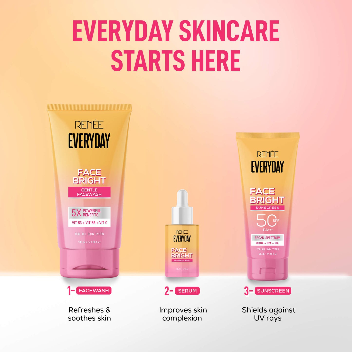 RENEE Everyday Face Bright Skincare Trio With Face Wash, Illuminating Serum & In-Vivo Tested Sunscreen SPF 50 PA+++