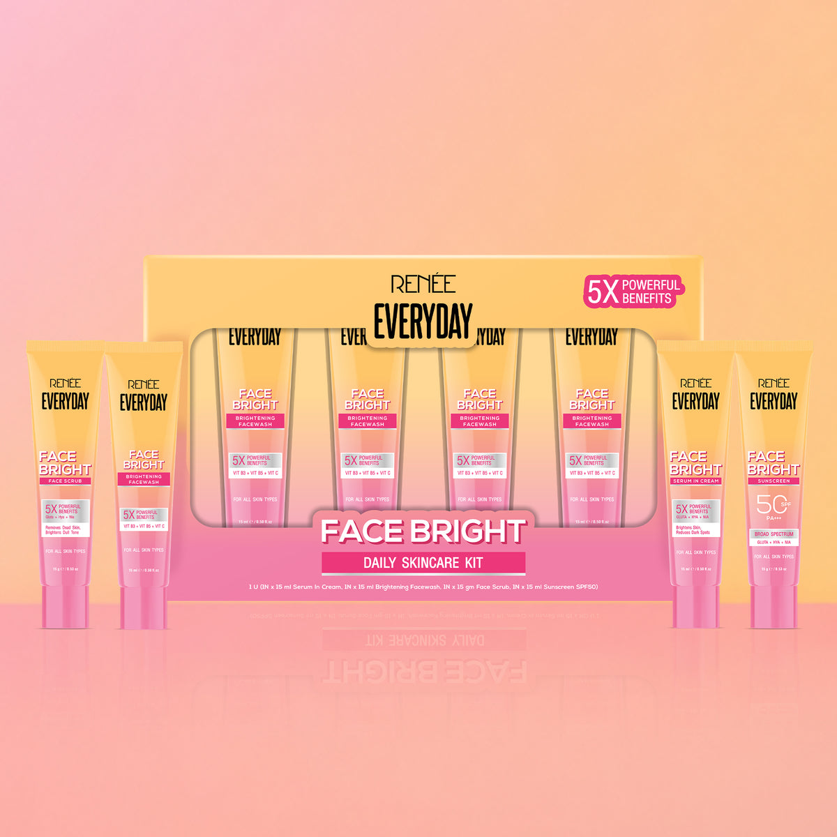 RENEE Everyday Face Bright Daily Skincare Kit With Face Wash, Face Scrub, Serum In Cream & Sunscreen For Bright Skin, Travel-Friendly Mini Pack