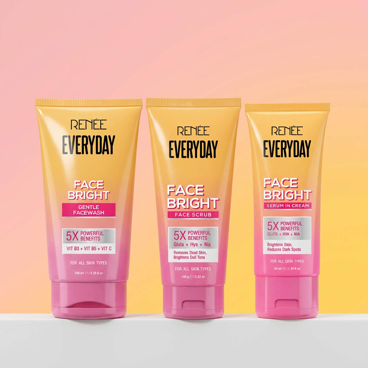 Renee Everyday Face bright Gentle Facewash, Face Scrub and Face Serum in cream Combo