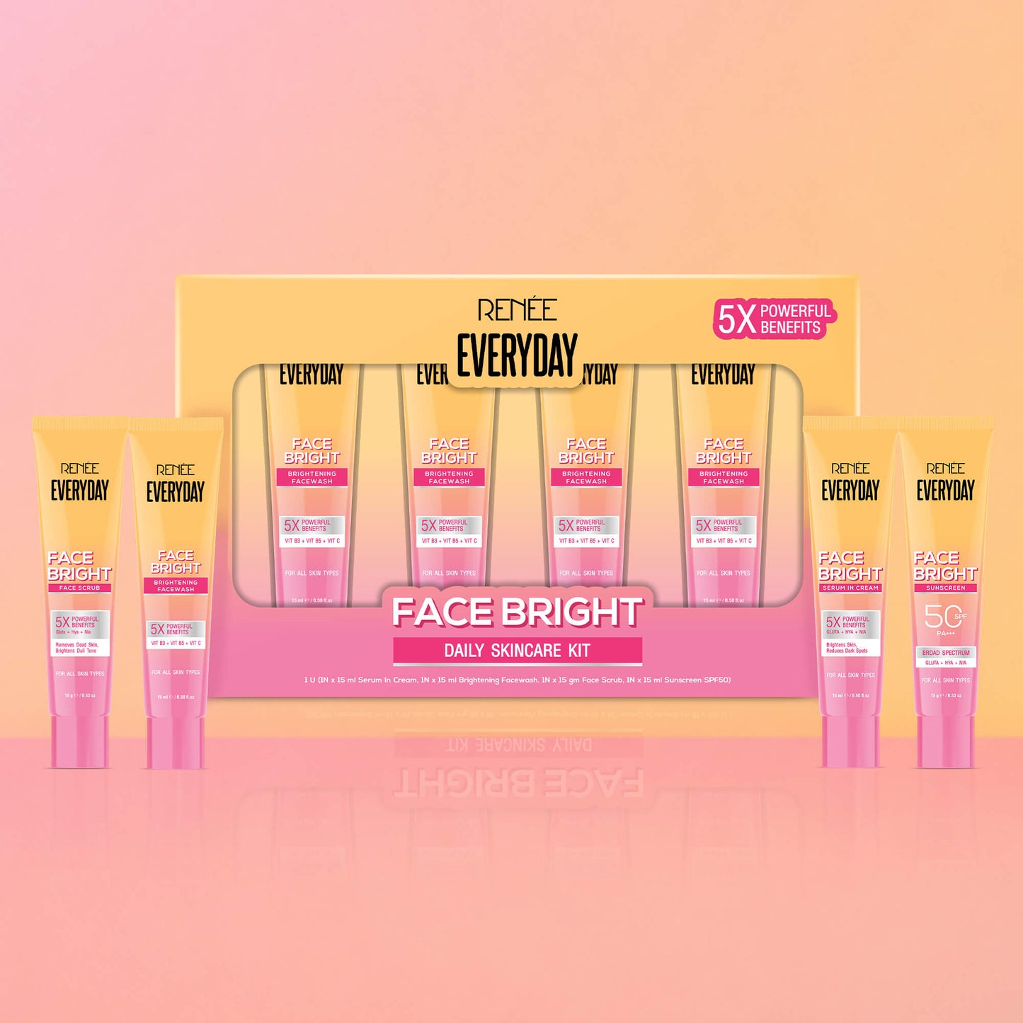 RENEE Everyday Face Bright Daily Skincare Kit With Face Wash, Face Scrub, Serum In Cream & Sunscreen For Bright Skin, Travel-Friendly Mini Pack