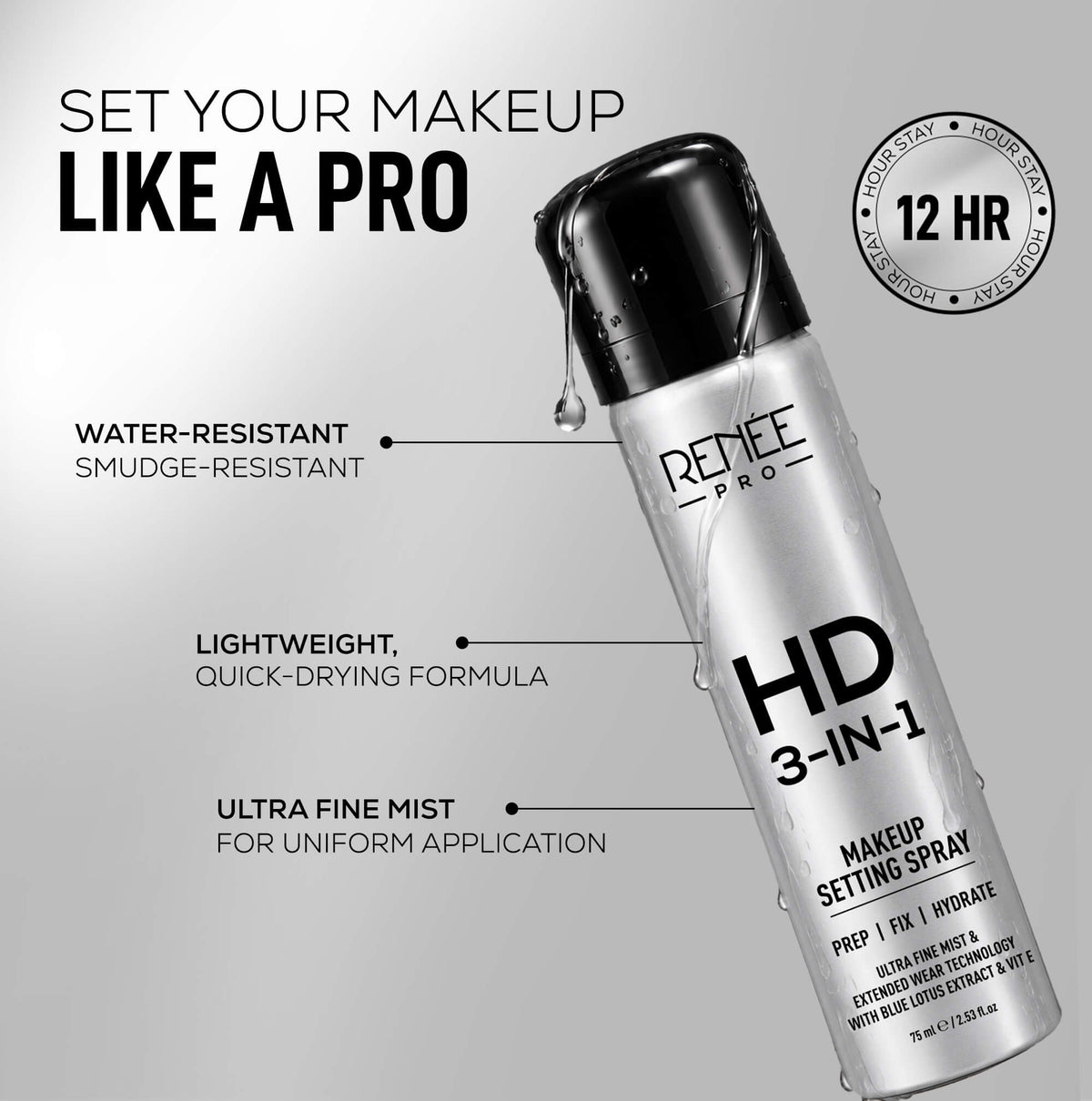RENEE PRO HD All In One Makeup Combo, Includes 3-In-1 Primer, 3-In-1 Setting Spray & 3-In-1 Compact