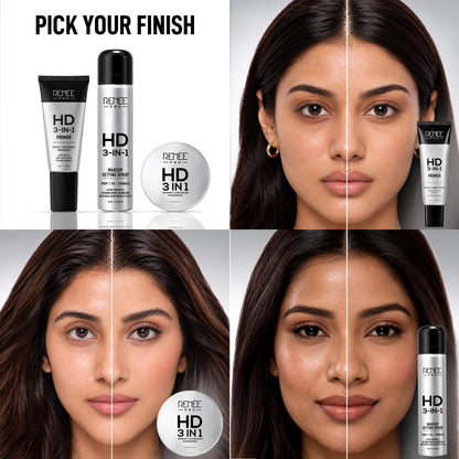RENEE PRO HD All In One Makeup Combo, Includes 3-In-1 Primer, 3-In-1 Setting Spray & 3-In-1 Compact