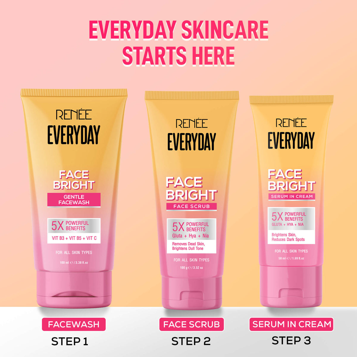 Renee Everyday Face bright Gentle Facewash, Face Scrub and Face Serum in cream Combo
