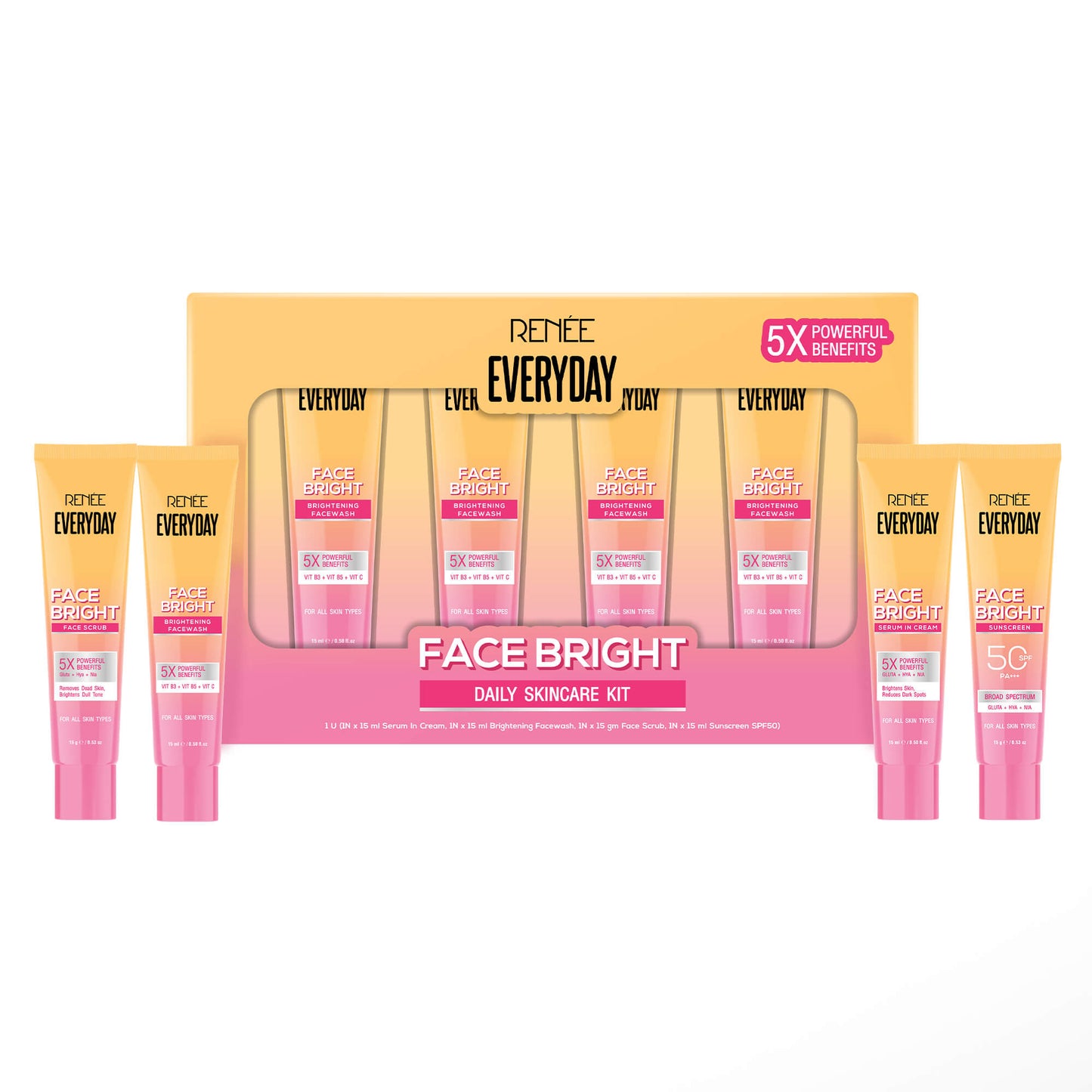 RENEE Everyday Face Bright Daily Skincare Kit With Face Wash, Face Scrub, Serum In Cream & Sunscreen For Bright Skin, Travel-Friendly Mini Pack