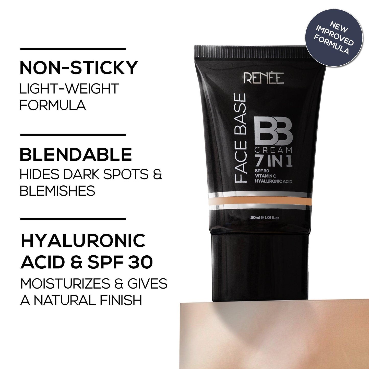 RENEE Face Base 7 in 1 BB Cream with SPF 30, Hyaluronic Acid & Vitamin C, 30ml