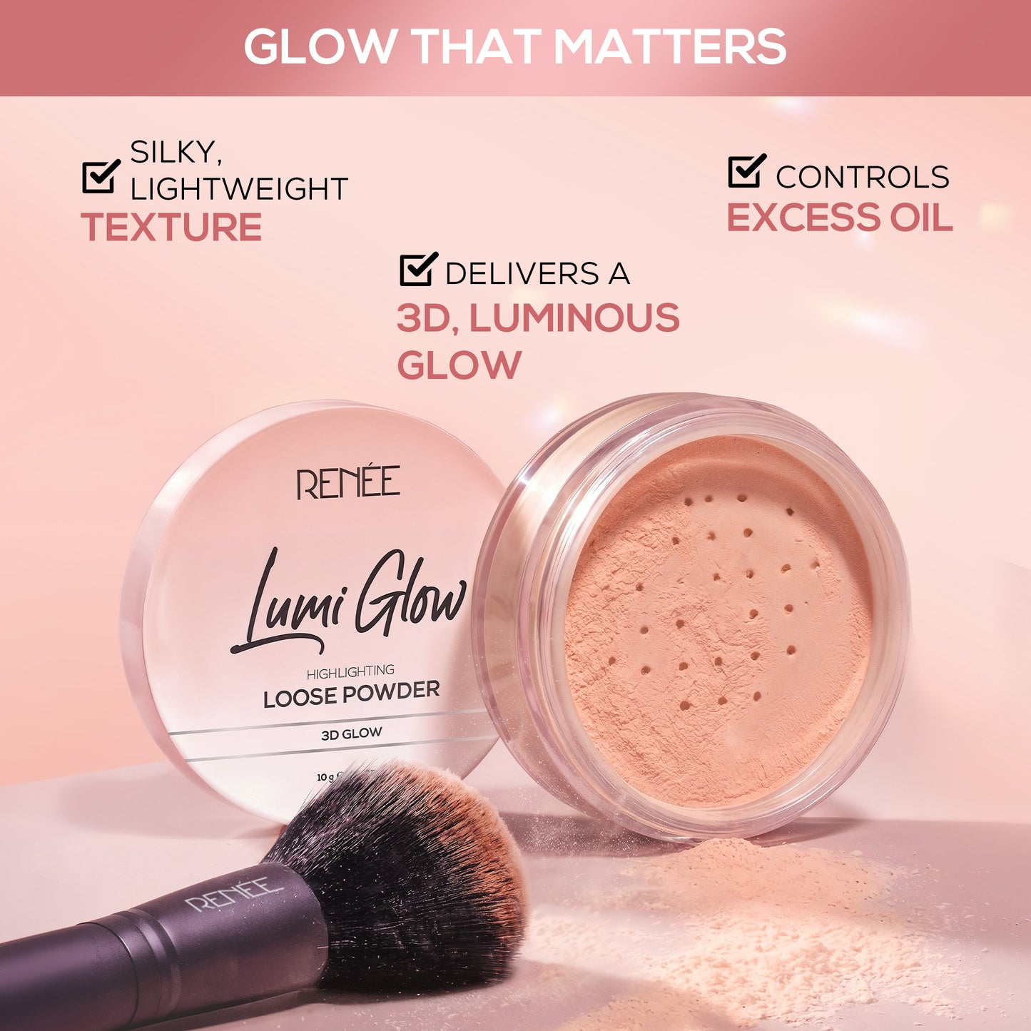 RENEE Lumi Glow Highlighting Loose Powder For Face With Luminous, 3D Glow, Sets Makeup
