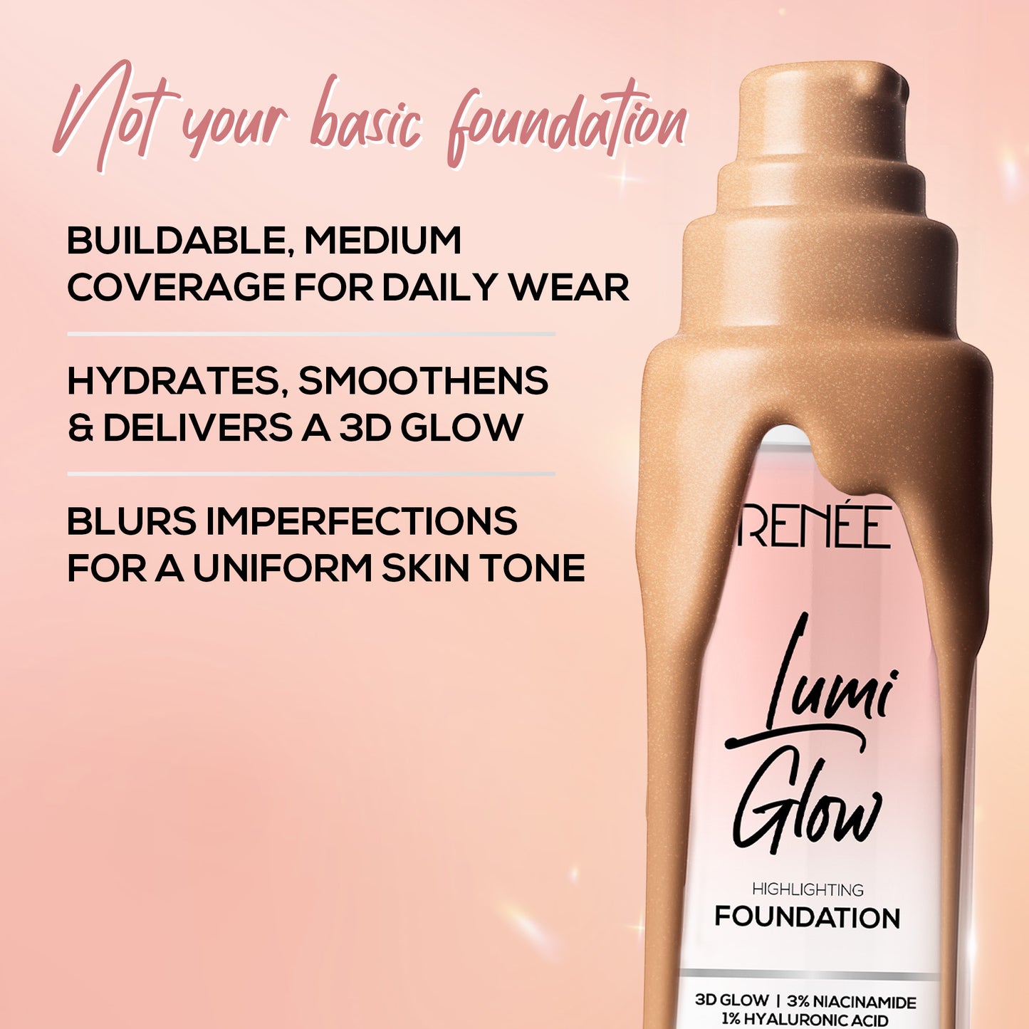 RENEE Lumi Glow Highlighting Liquid Foundation With 3D Glow For Luminous Skin, 30ml