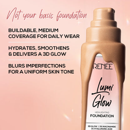 RENEE Lumi Glow Highlighting Liquid Foundation With 3D Glow For Luminous Skin, 30ml