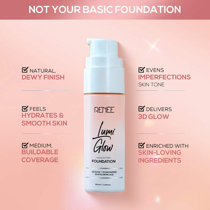 RENEE Lumi Glow Highlighting Liquid Foundation With Dewy Finish, Buildable Coverage & 3D Glow, 30 ml
