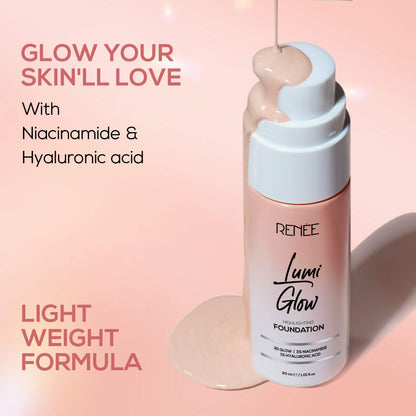RENEE Lumi Glow Highlighting Liquid Foundation With Dewy Finish, Buildable Coverage & 3D Glow, 30 ml