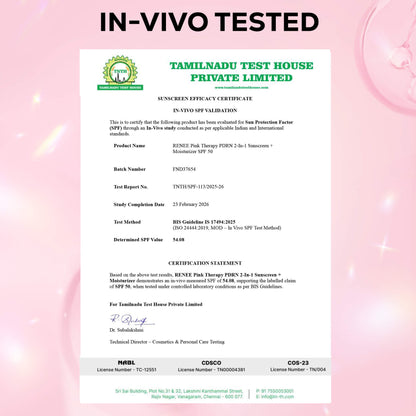 RENEE Pink Therapy PDRN 2-In-1 Sunscreen + Moisturizer | In-Vivo Tested SPF 50 PA+++ With 2% Niacinamide, Ceramides & Peptides, 50g