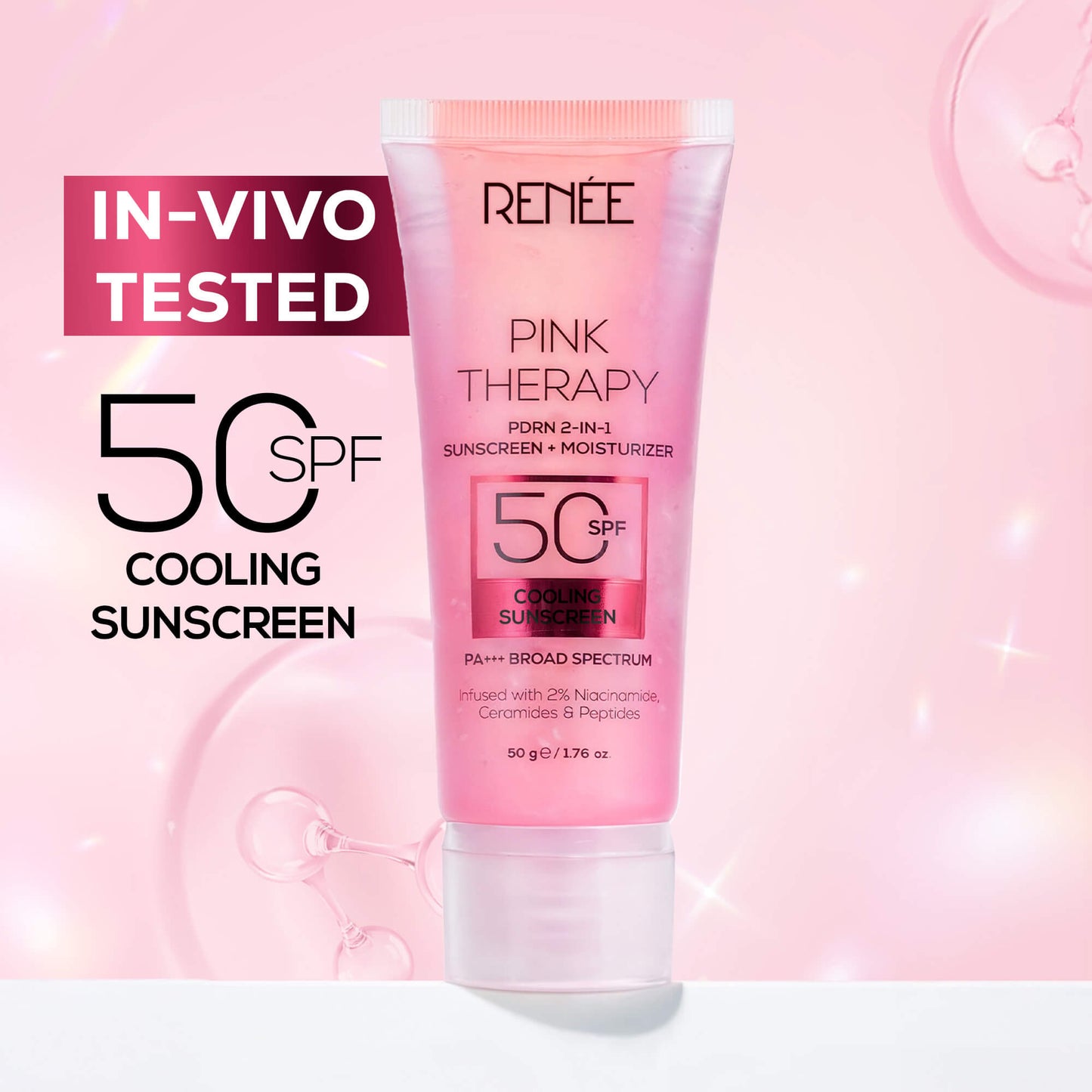 RENEE Pink Therapy PDRN 2-In-1 Sunscreen + Moisturizer | In-Vivo Tested SPF 50 PA+++ With 2% Niacinamide, Ceramides & Peptides, 50g