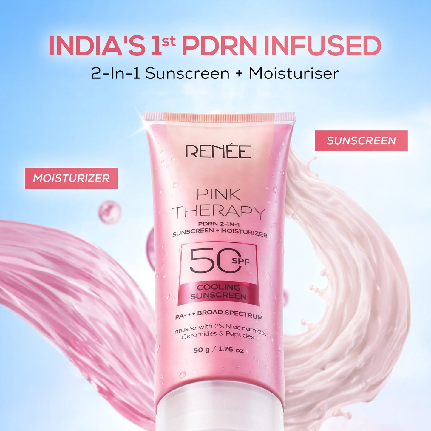 RENEE Pink Therapy PDRN 2-In-1 Sunscreen + Moisturizer | In-Vivo Tested SPF 50 PA+++ With 2% Niacinamide, Ceramides & Peptides, 50g
