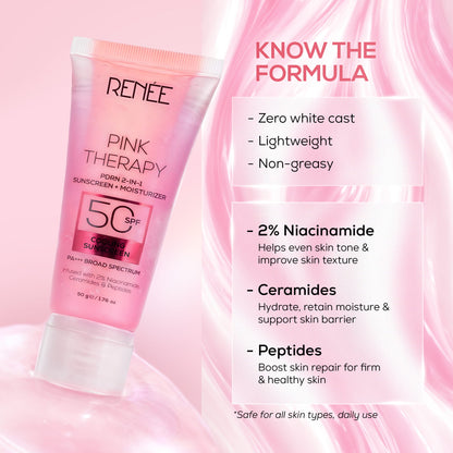 RENEE Pink Therapy PDRN 2-In-1 Sunscreen + Moisturizer | In-Vivo Tested SPF 50 PA+++ With 2% Niacinamide, Ceramides & Peptides, 50g