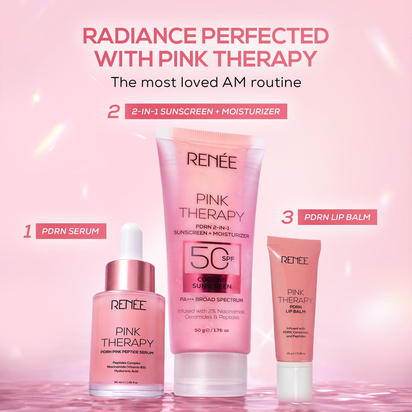 RENEE Pink Therapy PDRN 2-In-1 Sunscreen + Moisturizer | In-Vivo Tested SPF 50 PA+++ With 2% Niacinamide, Ceramides & Peptides, 50g