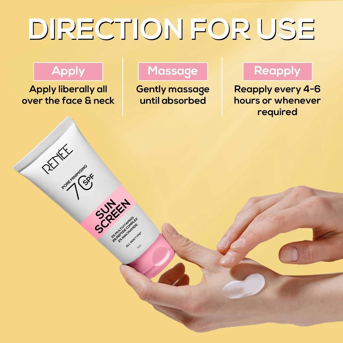 RENEE Pore Minimizing Sunscreen SPF 70 With 2% Niacinamide, 2% Peptide Complex & 3% Multivitamins, 50Ml
