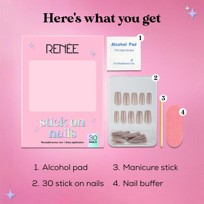 RENEE Stick on Nails With Glue- Pack of 30 Reusable & Long-lasting Nails