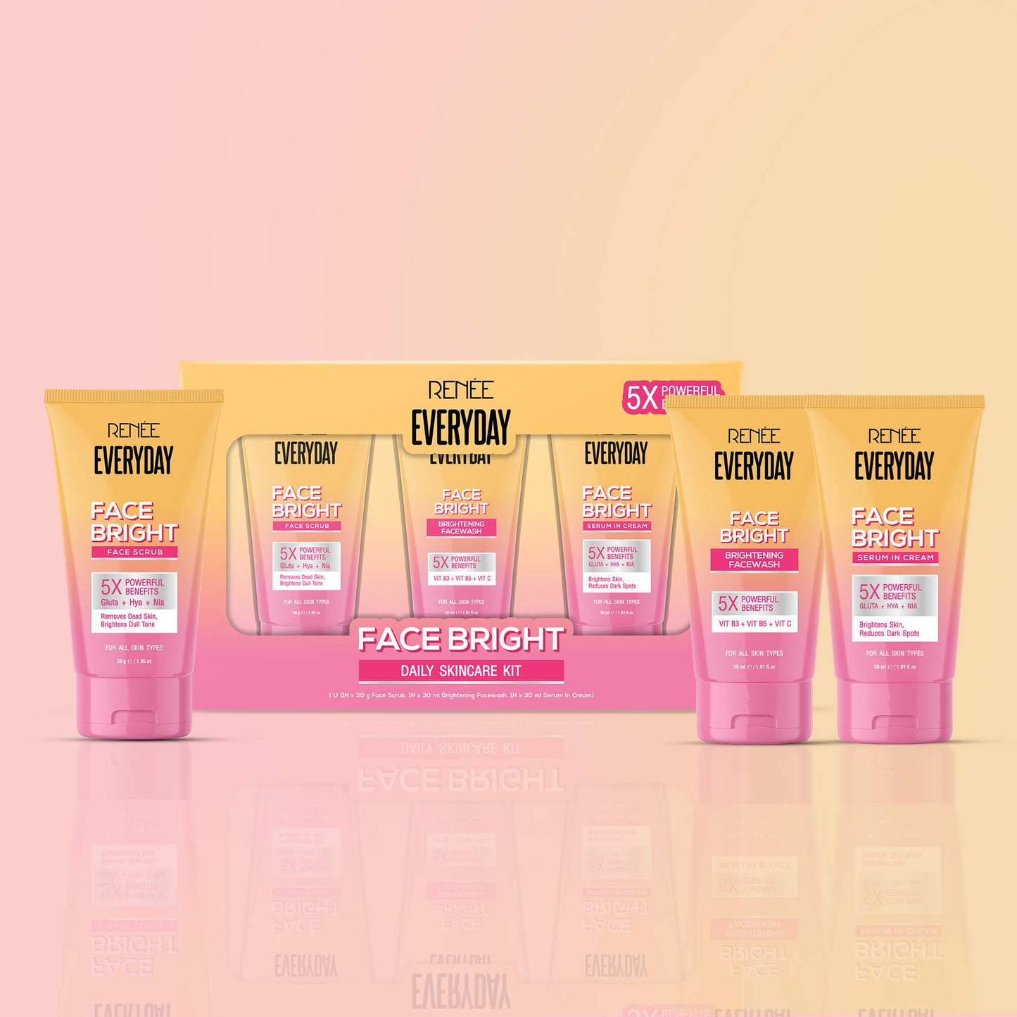 RENEE Everyday Face Bright Daily Skincare Kit With Face Wash, Face Scrub & Serum In Cream For Bright Skin, Travel-Friendly Mini Pack