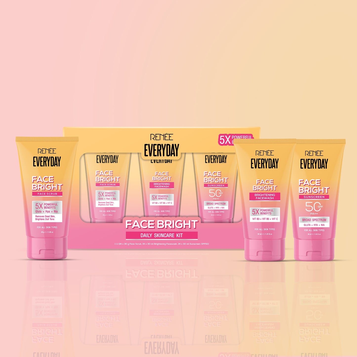 RENEE Everyday Face Bright Daily Skincare Kit With Face Wash, Face Scrub & Sunscreen SPF 50 PA+++ For Bright Skin, Travel-Friendly Mini Pack