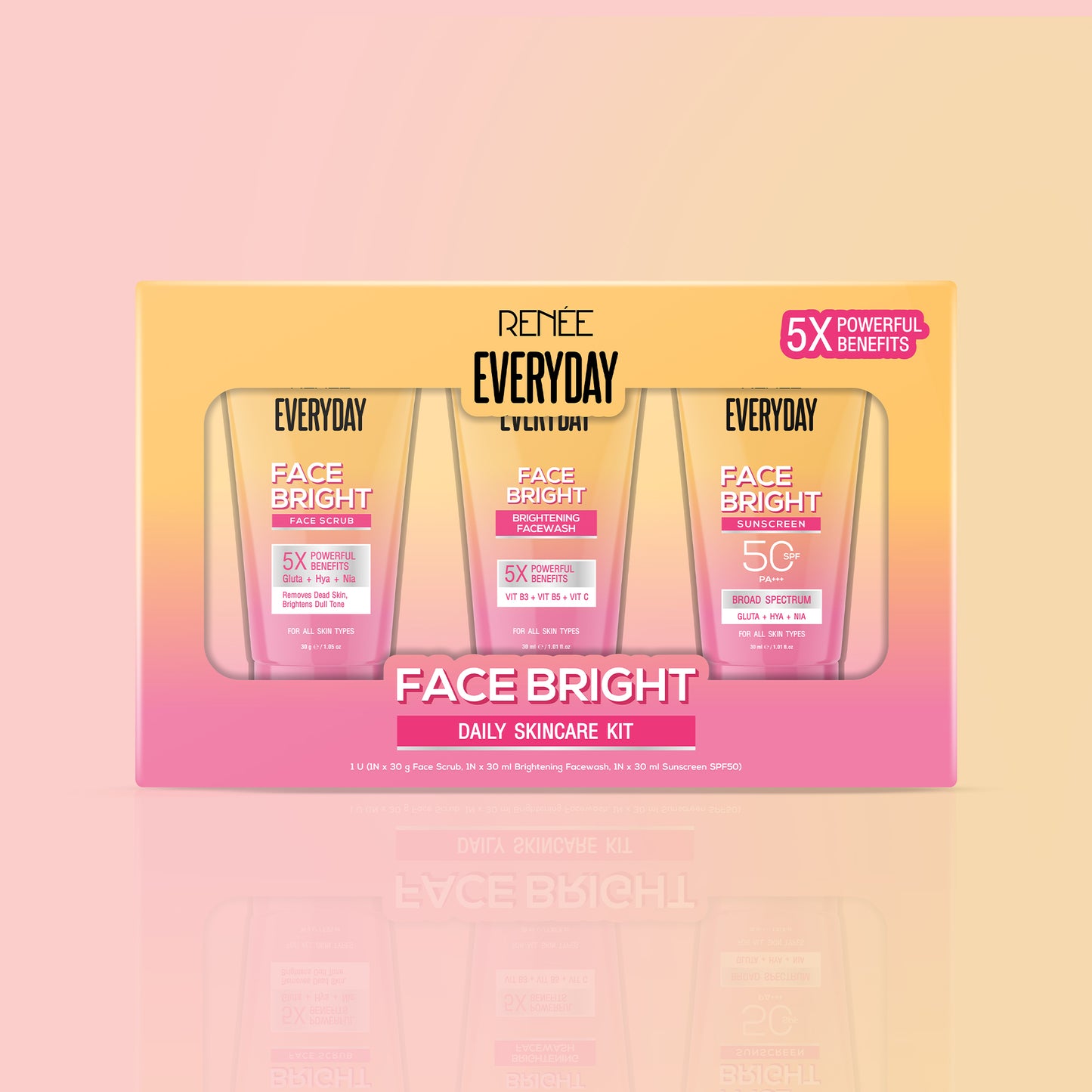 RENEE Everyday Face Bright Daily Skincare Kit With Face Wash, Face Scrub & Sunscreen SPF 50 PA+++ For Bright Skin, Travel-Friendly Mini Pack
