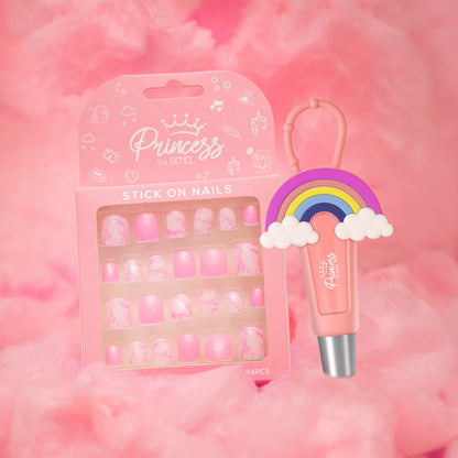 Cloudshine Lip Gloss & Stick-On Nails - Pink Marble Combo for Kids & Preteens by Princess by RENEE
