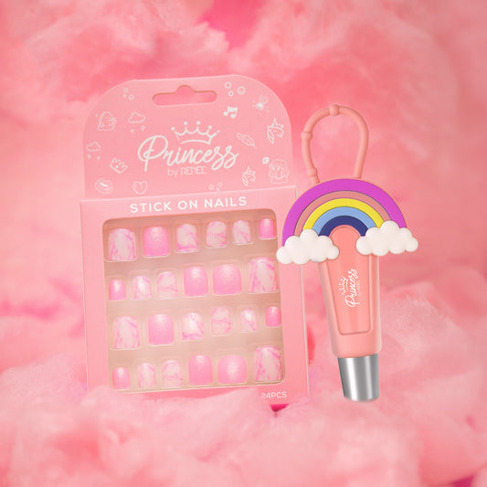Cloudshine Lip Gloss & Stick On Nails- Pink Marble Combo For Preteens, By Princess By RENEE