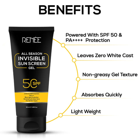 RENEE All Season Invisible Sunscreen Gel 50ml - Renee Cosmetics
