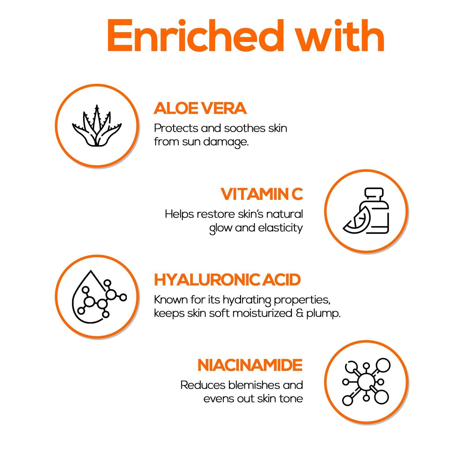 Enriched with aloe vera, vitamin c , Hyaluronic acid , Niacinemide 