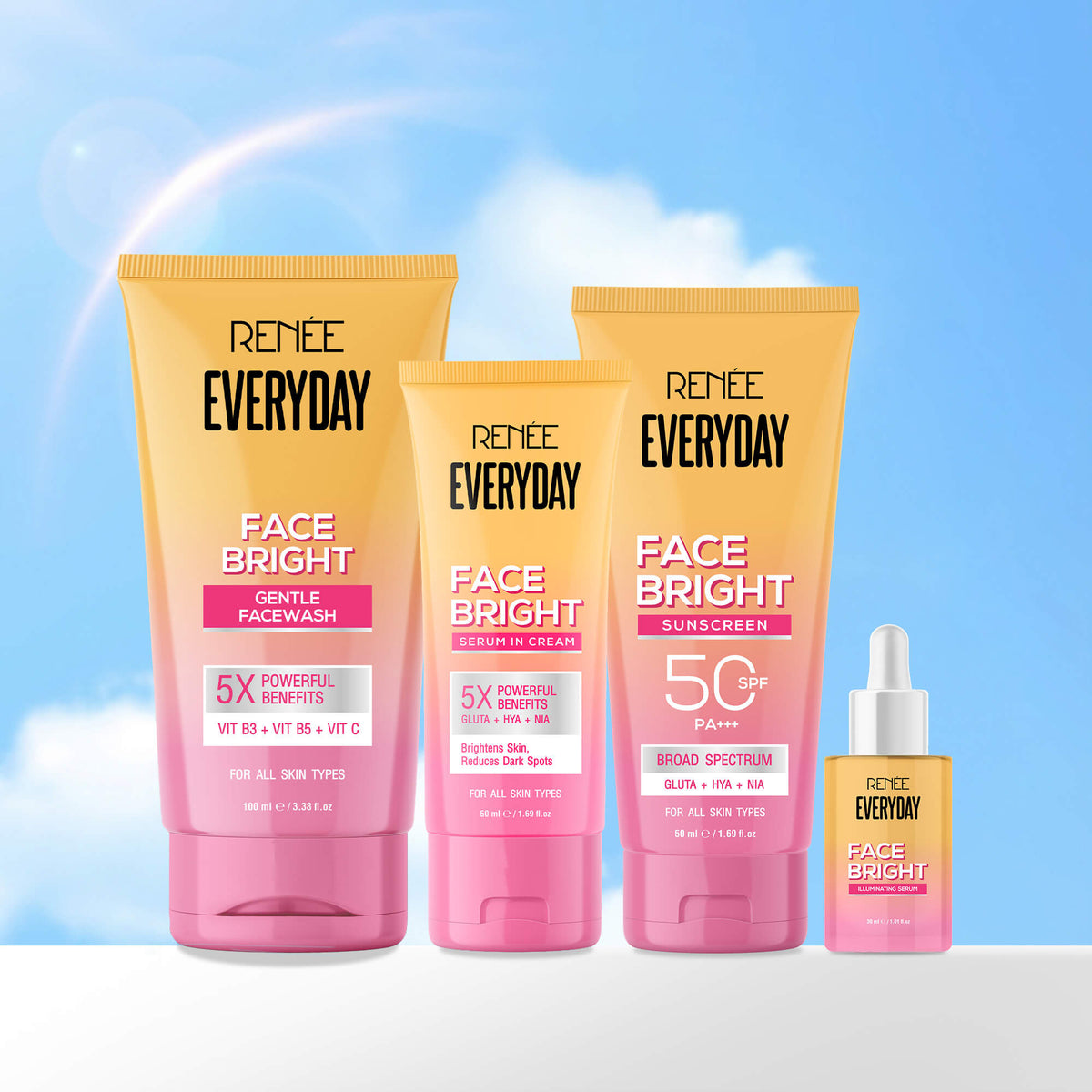 RENEE Everyday Face Bright Complete Skincare Combo With Face Wash, Illuminating Serum, Serum In Cream & In-Vivo Tested Sunscreen SPF 50 PA+++